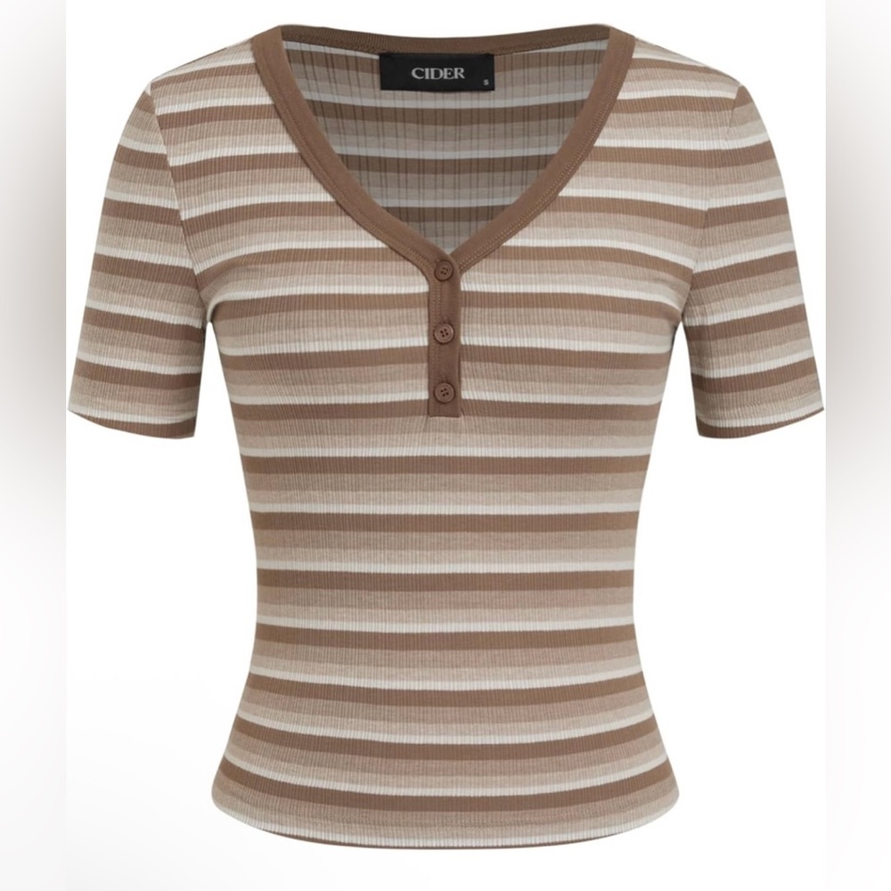 CIDER Brown Striped Ribbed V-Neck Button Top - Picture 4 of 5